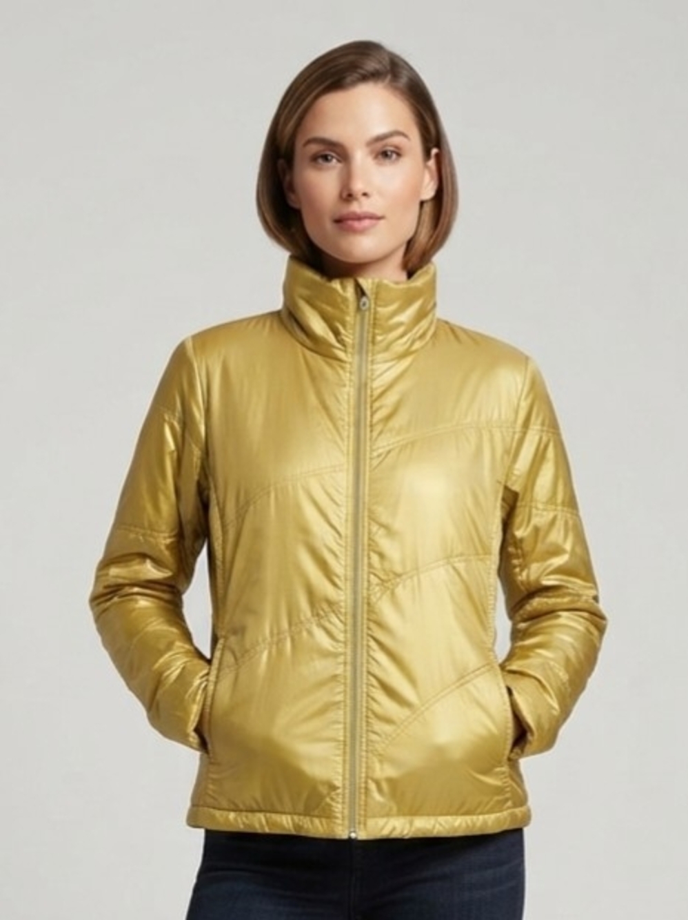 Columbia Metallic Gold Packable Puffer Jacket Size Large No Hood*